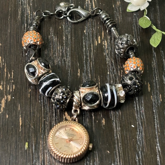 Jewelry - Chic Black and Orange Beaded Bracelet with Watch Charm
